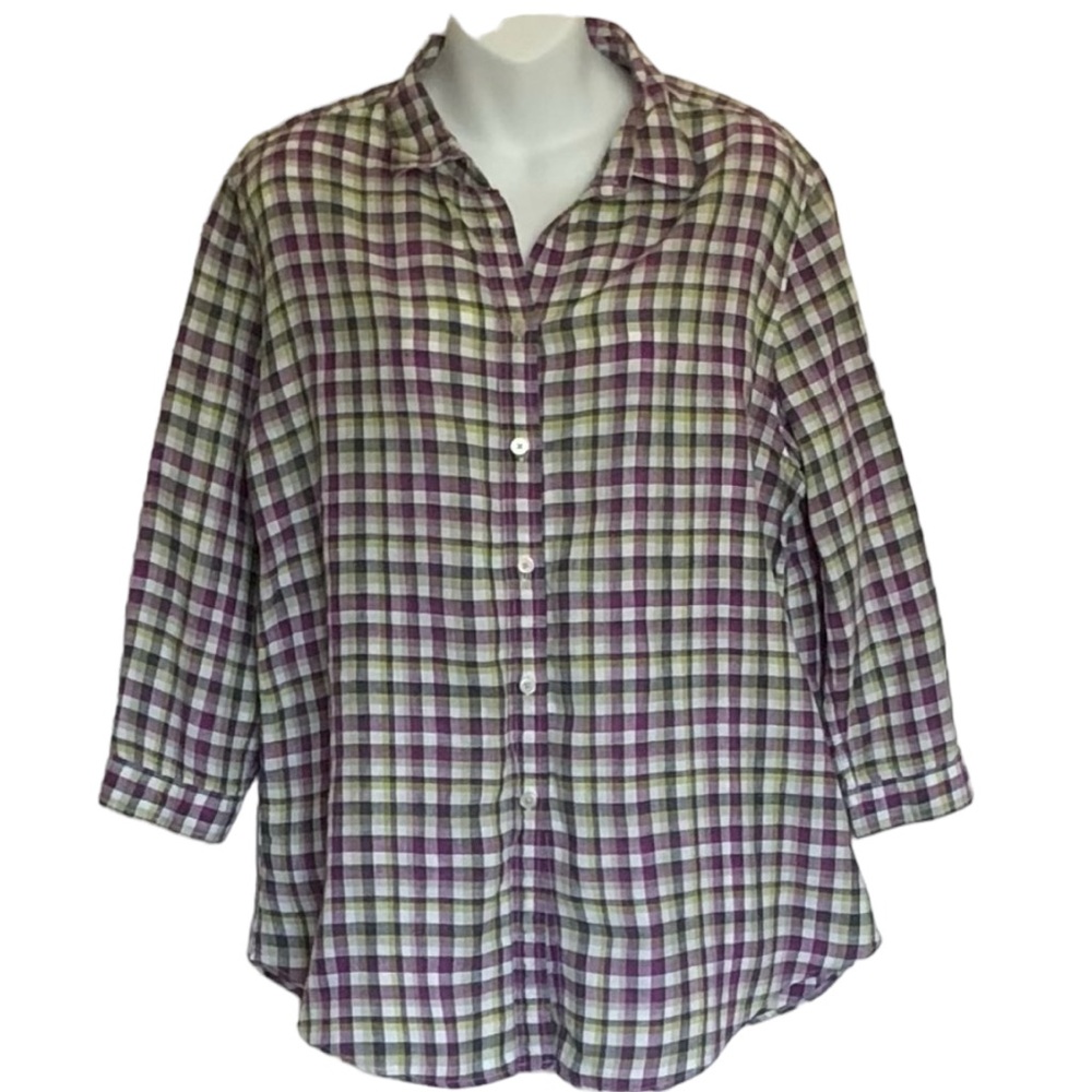 Uniqlo 100%Linen Check Pattern Button Down Top XL